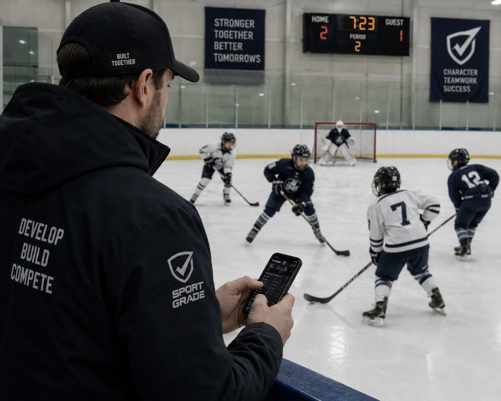 A coach reviewing a player evaluation on his phone during practice